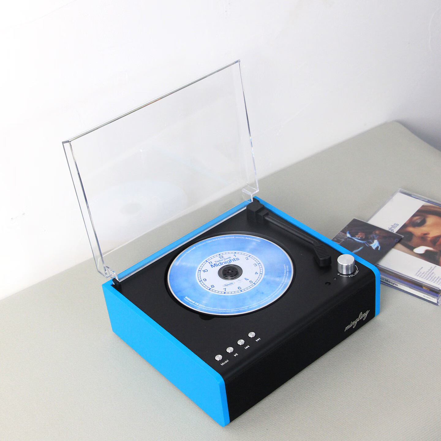 名伶M300黑胶复古CD机播放机听专辑蓝牙播放多功能桌面音箱生日礼物精致摆设 湖水蓝