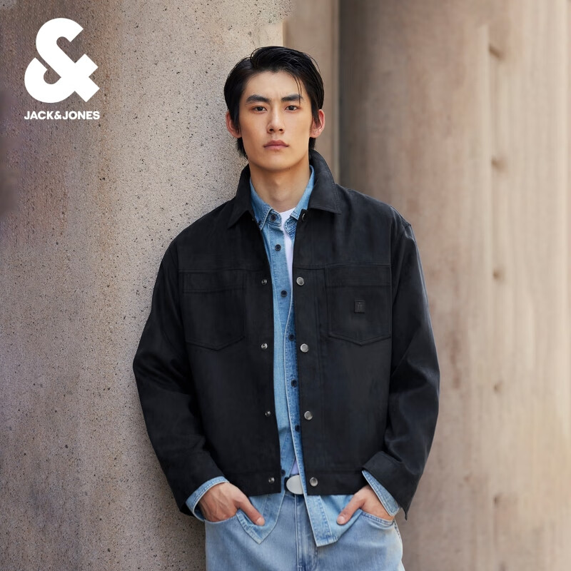 杰克·琼斯（JACK&amp;JONES）25年男装秋季休闲外套男宽松多口袋翻领仿麂皮行政夹克短款上衣 E40黑色 M （175）