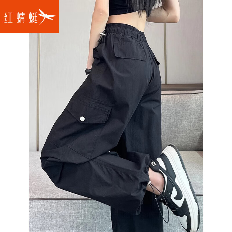 紅蜻蜓速干冰絲美式工裝褲女夏季薄款新款闊腿運動褲沖鋒長褲休閑褲 黑色小個子 薄款 M 建議95-105斤