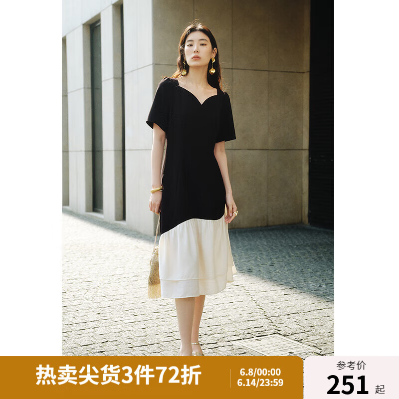 独束大码女装【黑标系列】2024夏精致派对法式撞色鱼尾短袖连衣裙 赫本黑 XL (尺码：3)