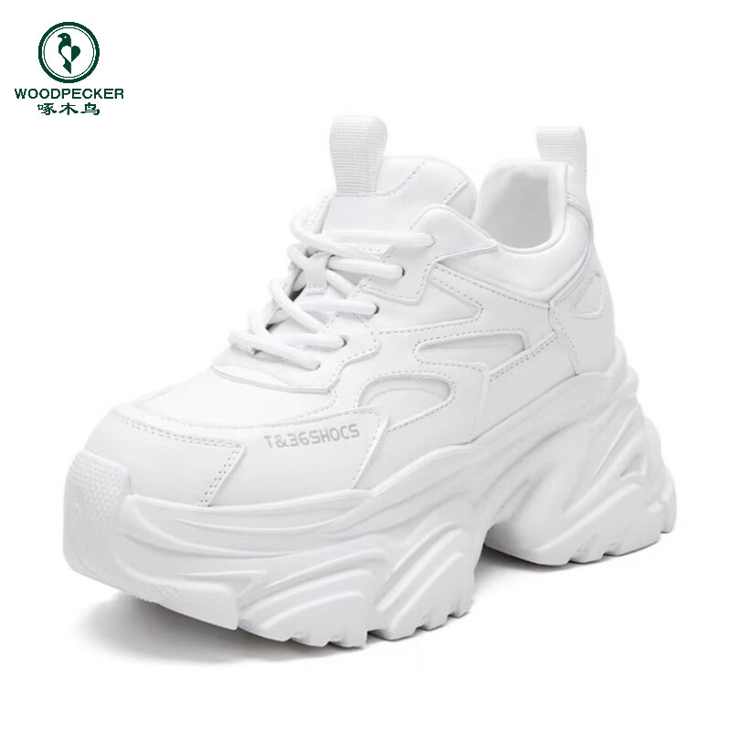 啄木鸟15公分老爹鞋子女网纱单鞋12公分小个子真皮内增高小白鞋10cm凉鞋 白色网纱14厘米 36