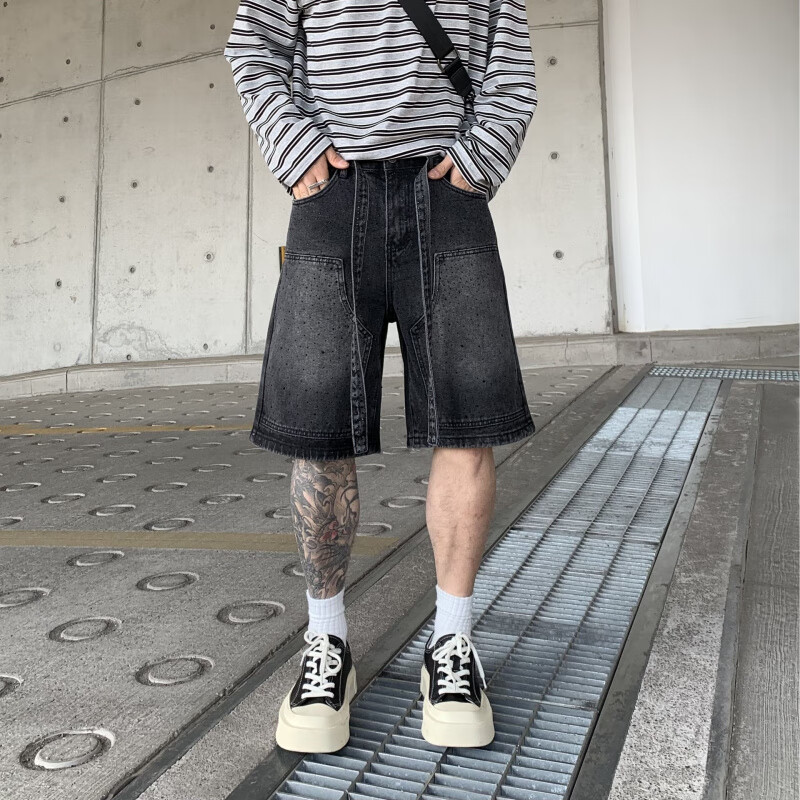 跨境欧美高街镶钻满钻牛仔短裤男夏季新款破洞工装渐变七分裤男士 黑色1384-1 3XL