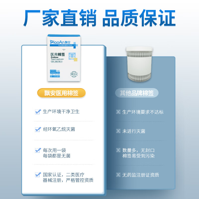 飘安棉签医用无菌家用独立包装4支一袋共50袋200支 4支一袋共50袋200支