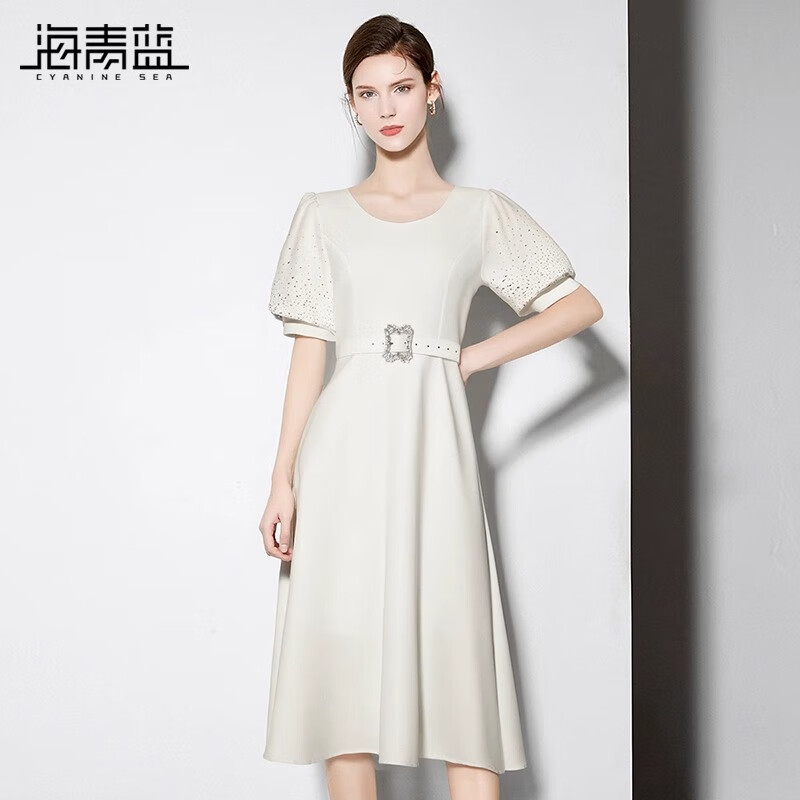 海青蓝高级连衣裙夏女2025新款时尚洋气短袖气质女装通勤裙子 白色 M