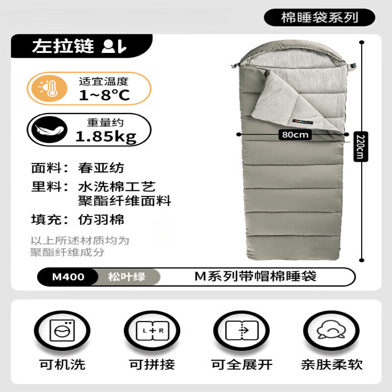 户璃睡袋成人四季通用款户外露营办公室午休车用便携双人被子 【冬季防寒款】左1.85kg松叶绿