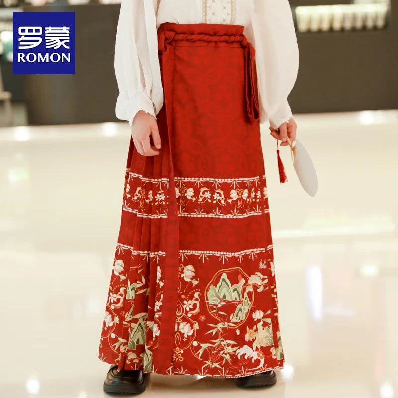 罗蒙毕业儿童节女童马面裙汉服夏儿童古风2026新款国风半身裙演出服 藏青-印花马面裙长款【单裙子】 140