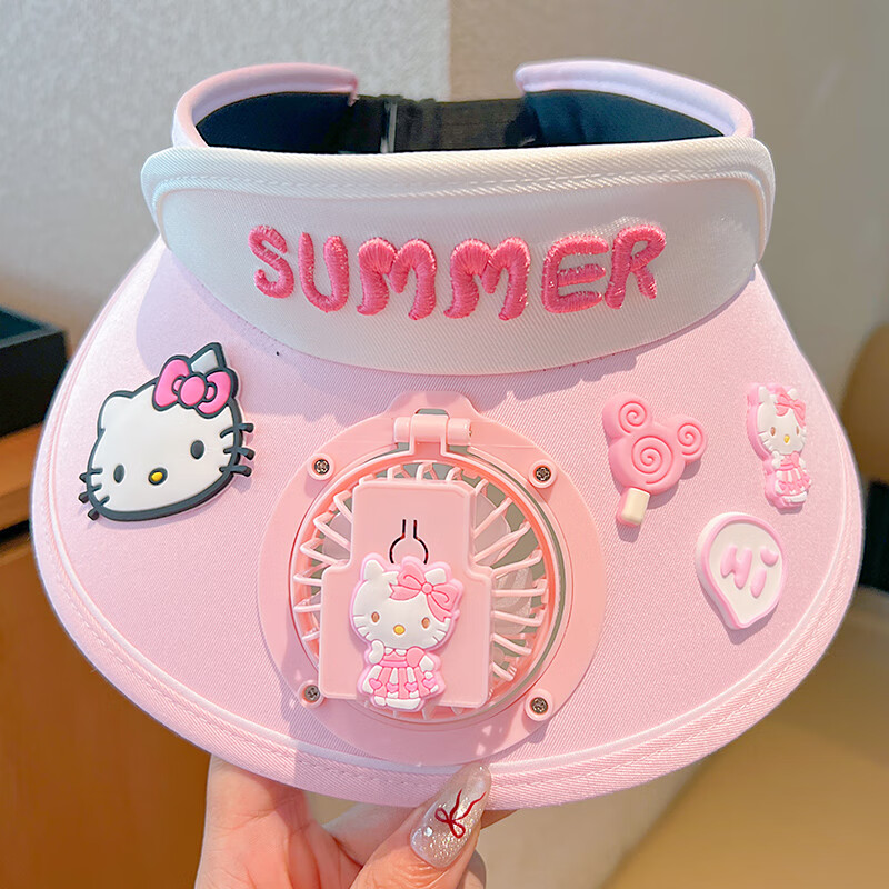 语嬉儿童2025库洛米带风扇防晒帽女童空顶遮阳帽夏季户外宝宝太阳帽子 1#凯蒂猫3-12岁 均码