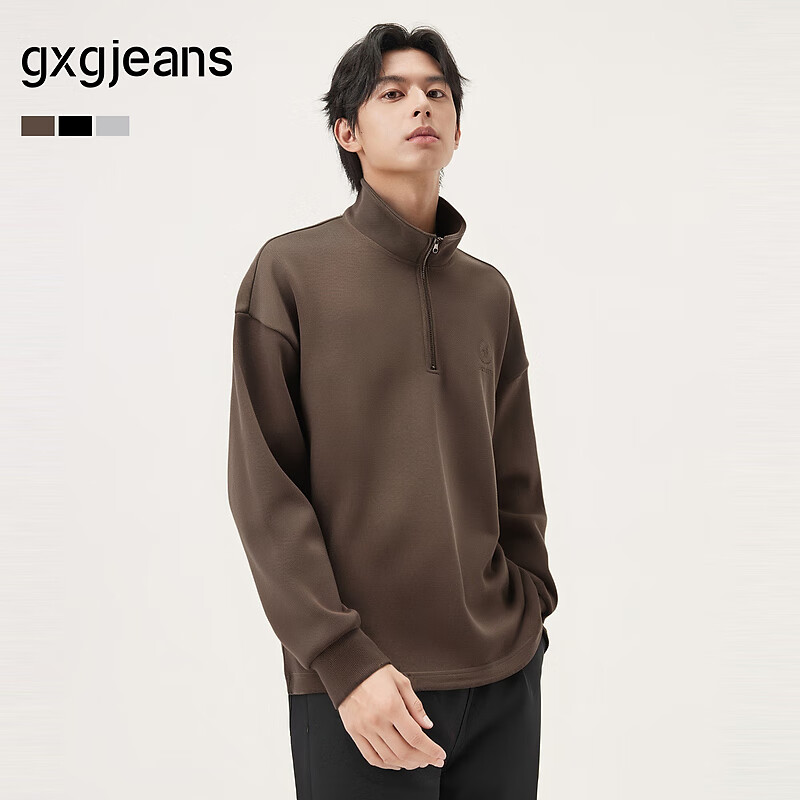 gxgjeans男装 多色小标刺绣简约休闲宽松立领半开襟卫衣25秋新品 棕色 M (170)
