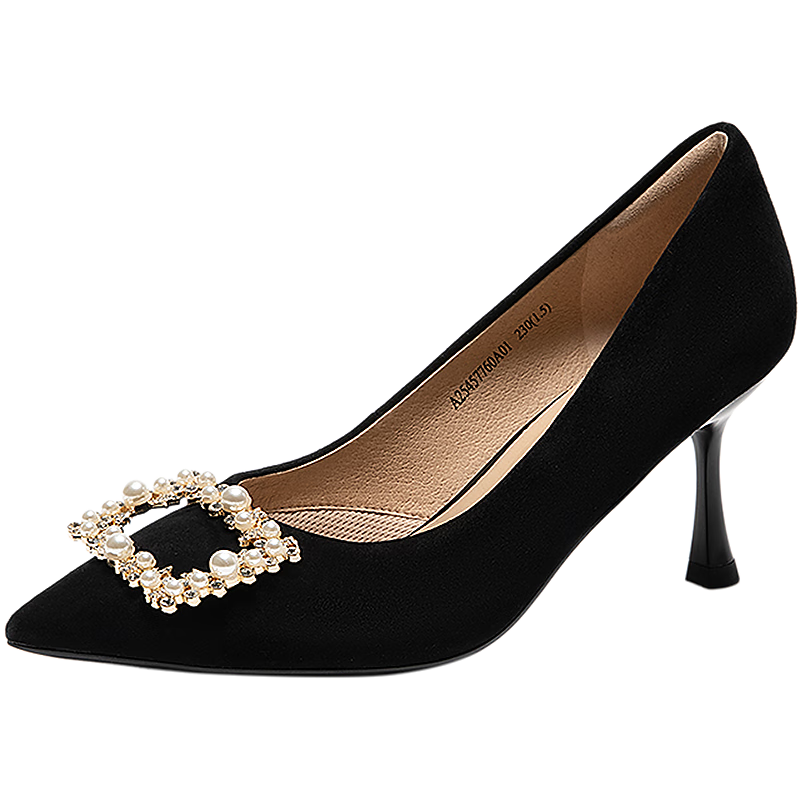 千百度【靜音系列】細(xì)高跟鞋女2025秋季新款法式淺口單鞋 黑色 38 (240mm)