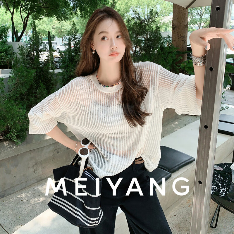 美洋（MEIYANG）碧纱窗针织衫 光影朦胧 竖条微透圆领长袖罩衫 白色 M