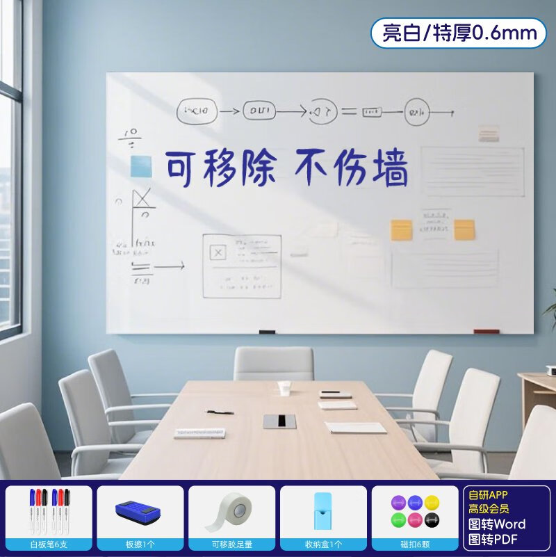 磁善家白板墻貼辦公磁性寫(xiě)字板可移除不傷墻會(huì )議室磁吸家用教學(xué)黑板可擦 辦公特厚-好擦寫(xiě)-通用墻面 50x60cm
