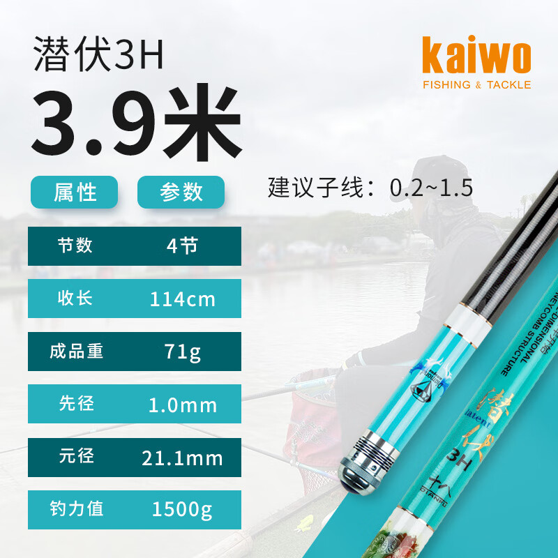 開沃精工漁具（kaiwo）開沃精工店釣竿潛伏3H釣竿37調(diào)休閑鯉魚竿手竿超輕超硬湖庫竿 3.9m (現(xiàn)貨發(fā)售)