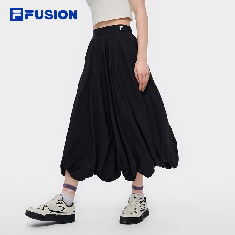 FILA FUSION斐樂(lè)潮牌女士短裙2025夏季新款休閑寬松半身裙花苞裙 正黑色-BK S 160/62A/S
