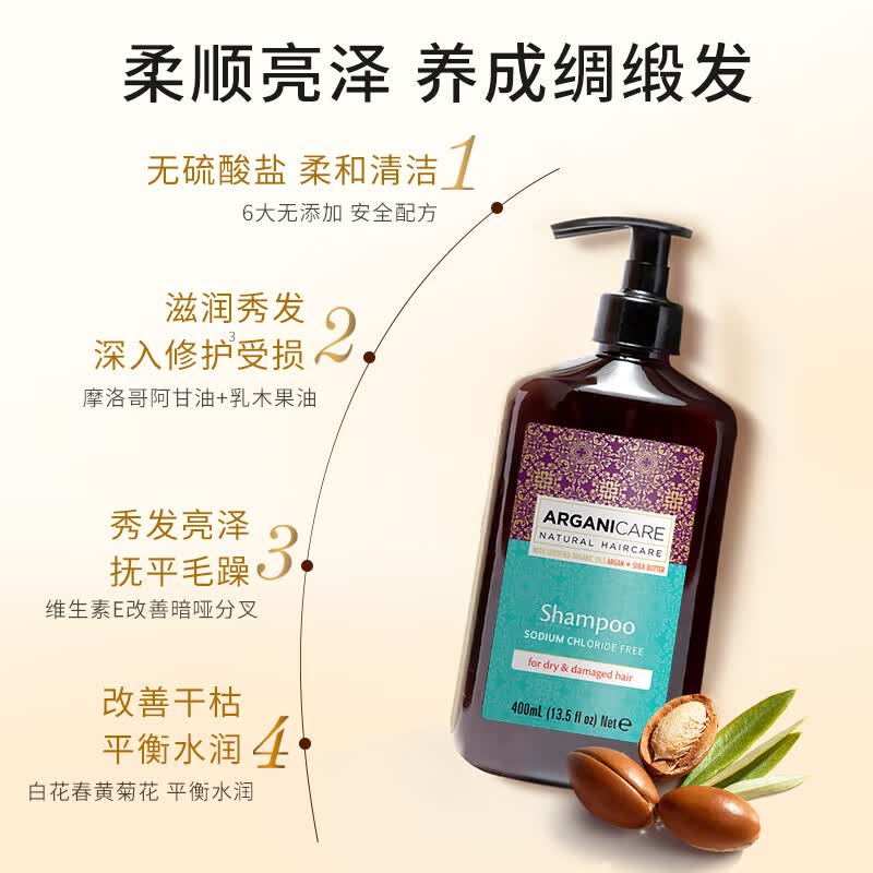 阿甘可进口阿甘油修护洗发水护发素柔顺改善干枯毛躁烫染受损洗发露女 【2瓶囤货】修护洗发水400ml*2