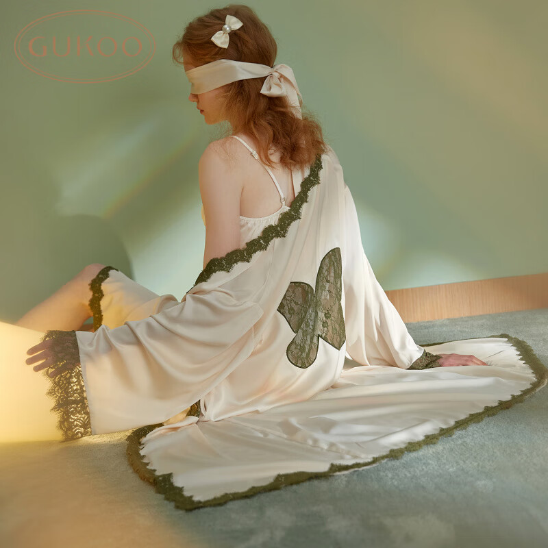 果殼（Gukoo）新品冰絲吊帶睡裙性感蕾絲春秋睡袍女家居服兩件套A 綠色睡裙兩件套 S