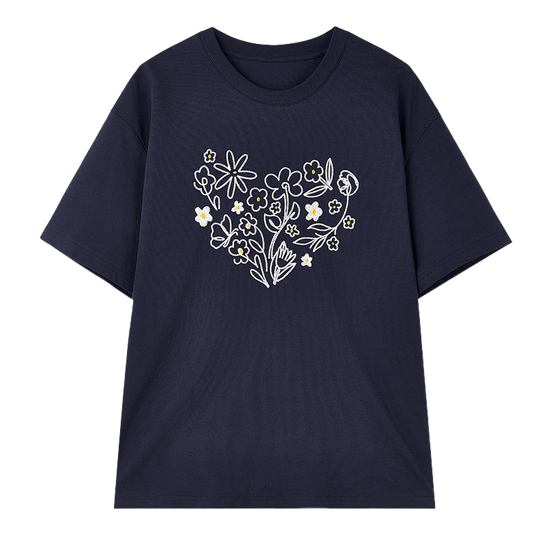 秋水伊人气质绣花短袖2025年夏季新款女时尚百搭爱心花朵钉珠短袖 藏青色 M429元