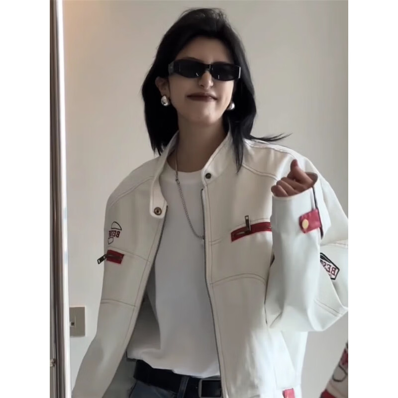 POUM男装美式高街PU皮衣机车外套男女春秋冬款宽松短款刺绣潮牌夹克 YRFS-W195白色 XL 【身高175-180体重60-70】