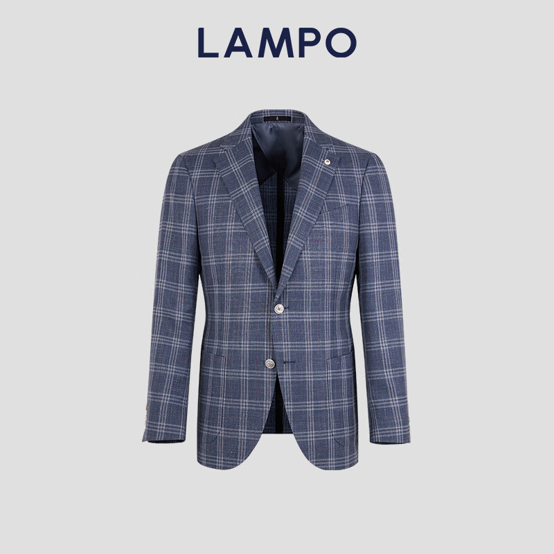 藍(lán)豹+亞麻LAMPO/藍(lán)豹男士單西服商務(wù)男裝時(shí)尚休閑西裝男外套 淺藍(lán)底紅白格 46