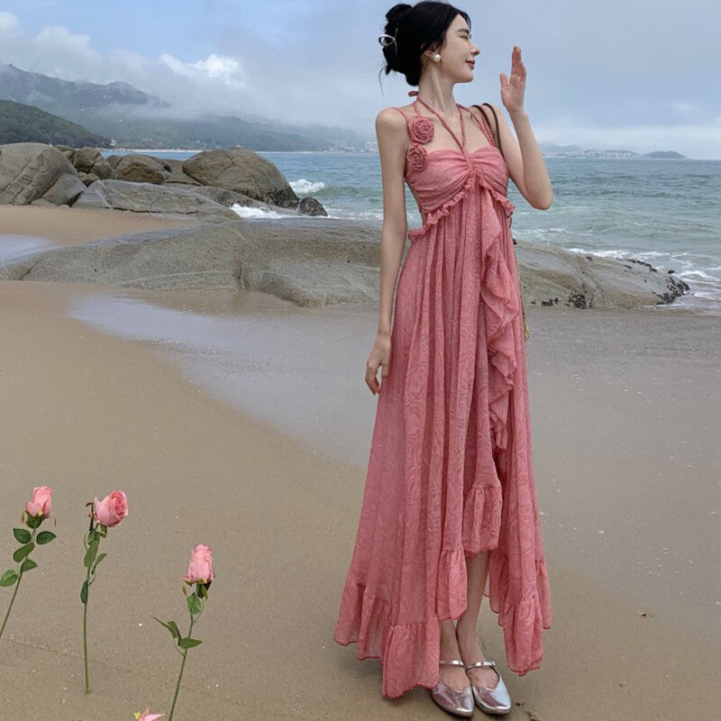 ZIPJBX泰國三亞度假沙灘裙女夏裝小眾露背吊帶連衣裙海邊穿搭設(shè)計感 粉色 S