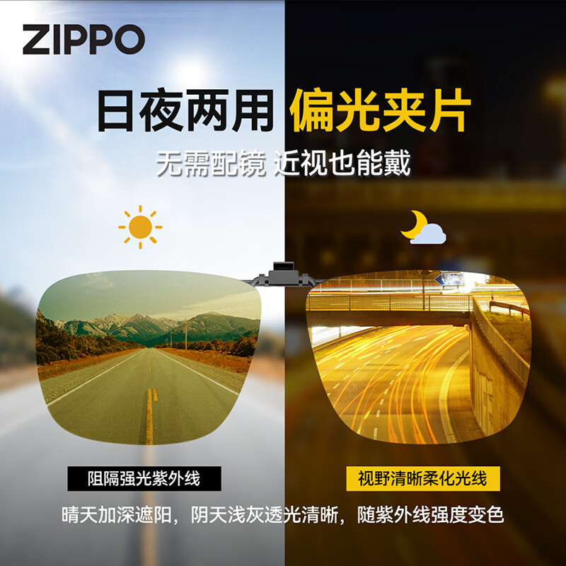 ZIPPO美国近视偏光变色夜视太阳镜夹片开车驾驶便携可上翻墨镜06-72