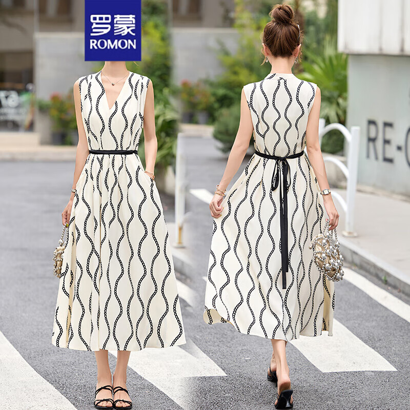 罗蒙时尚无袖V领条纹连衣裙女2025夏新款气质系带收腰显瘦长款连衣裙 白黑 M