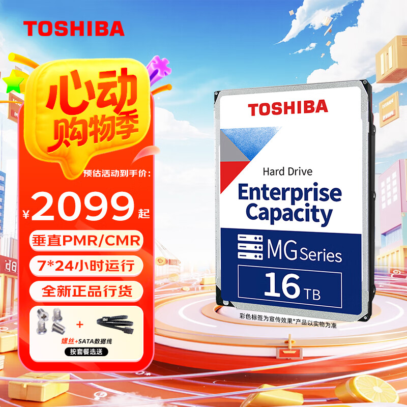 东芝（TOSHIBA）促销 16t 企业级硬盘CMR垂直NAS服务器SATA机械硬盘MG09ACA16TE 16TB 【7200垂直MG09ACA16TE】 套餐4：送sata线+螺丝+工具套装+外置