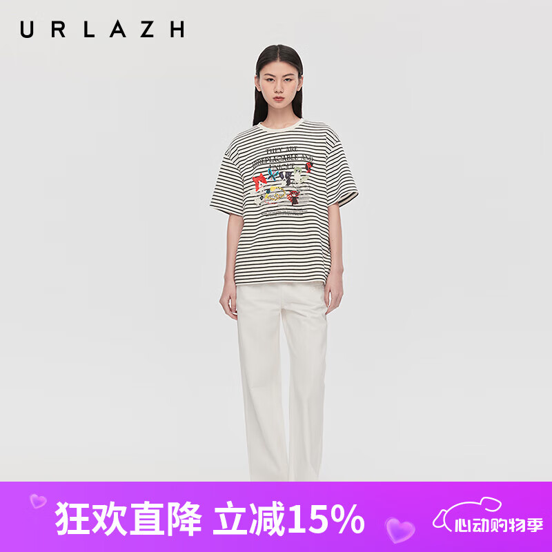 URLAZH【 商場同款】2025春季新款動物派對印花圓領(lǐng)條紋短袖T恤女 黑白條紋 M
