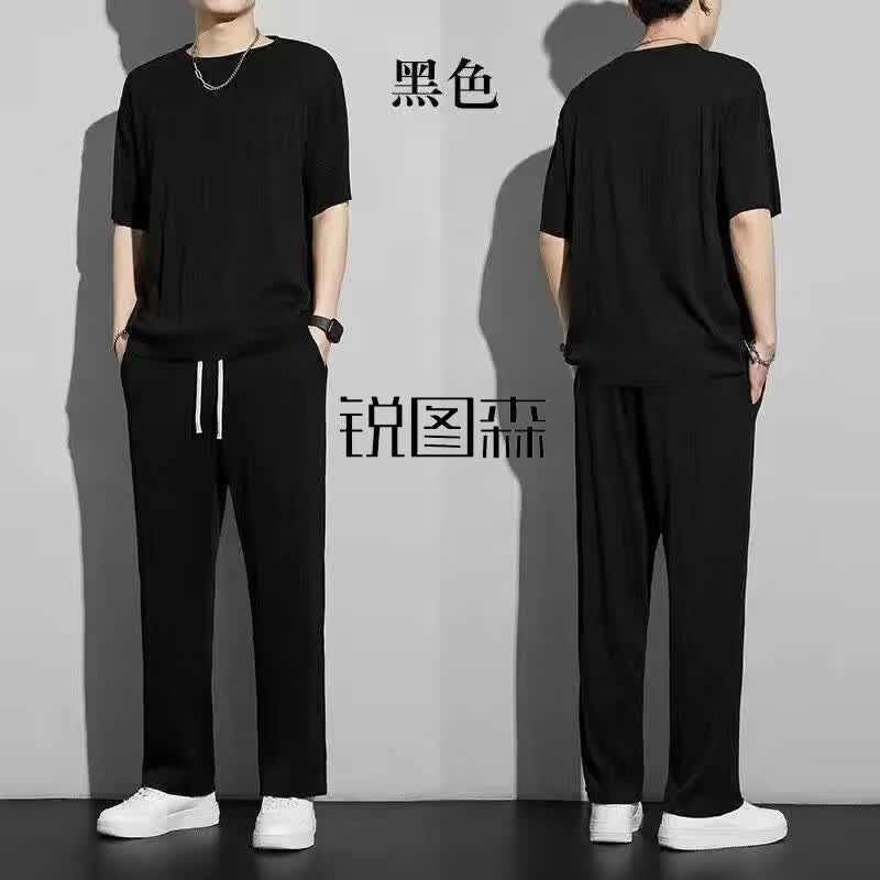 锐图森热销爆款冰丝罗纹套装夏季冰丝运动套装男垂感速干短袖长裤两件套 黑色 XL（建议110-130斤）