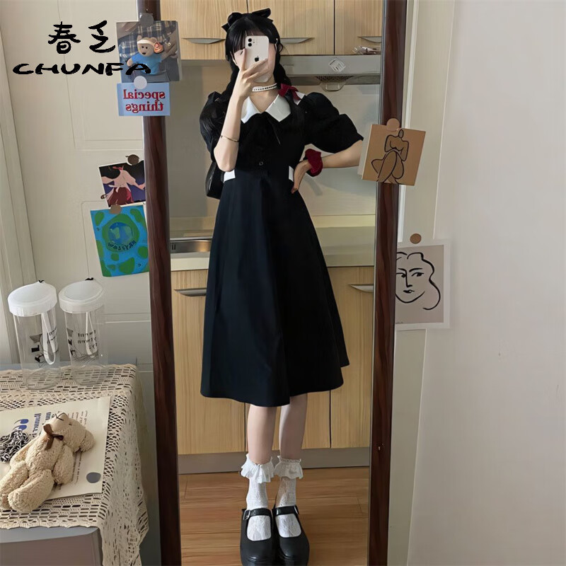 春乏法式赫本风学生收腰显瘦小黑裙子2025新款夏季泡泡袖小个子连衣裙 黑色 M 建议【90-105斤】