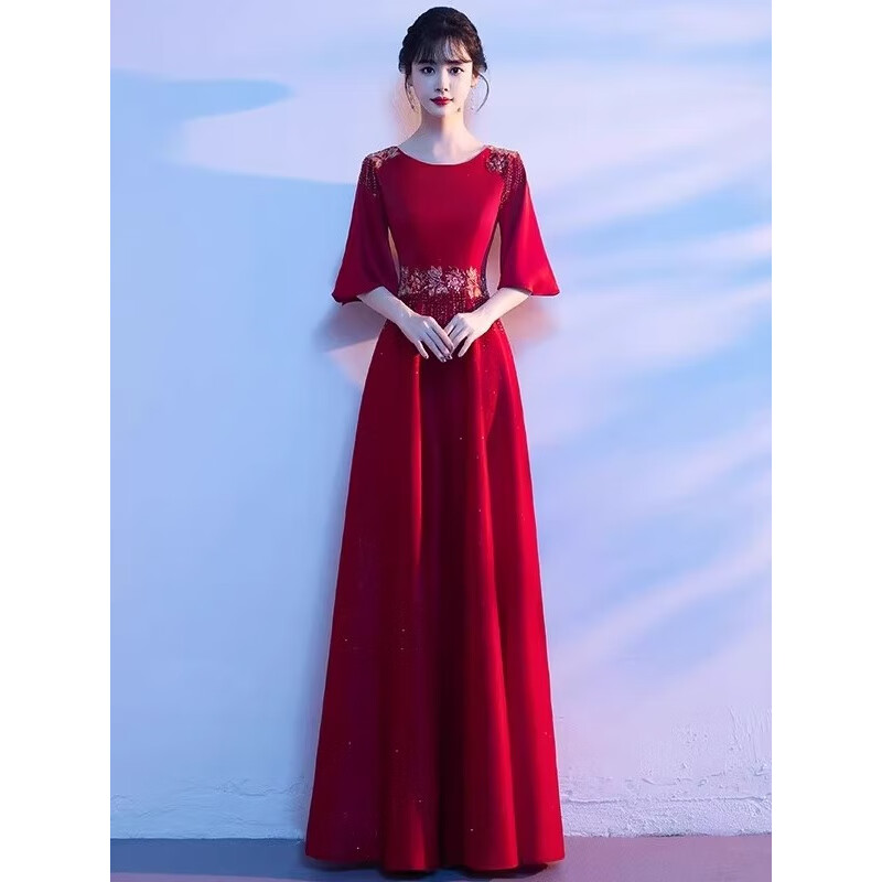 紅歌比賽大合唱演出服女長裙成人獨唱舞臺指揮服氣質(zhì)合唱團晚禮服 酒紅色 S