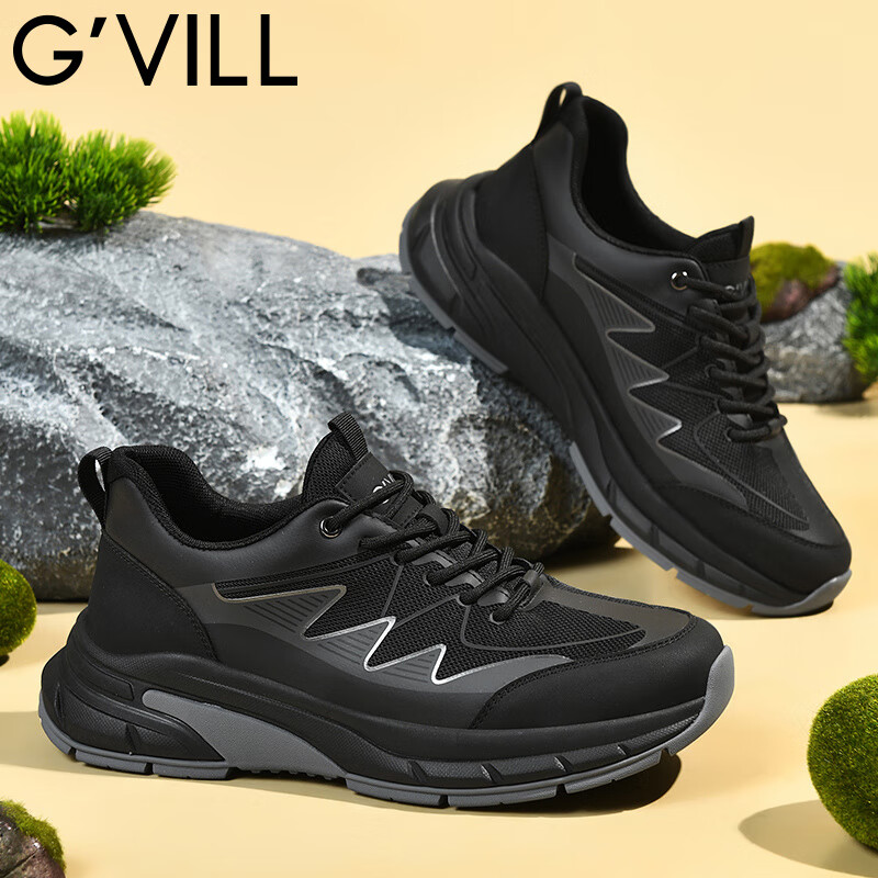 贵之步G'VILL鞋子复古时尚休闲鞋夏季新款男士运动鞋真皮百搭户外跑步鞋 黑色 （G901) 42 （皮鞋码）