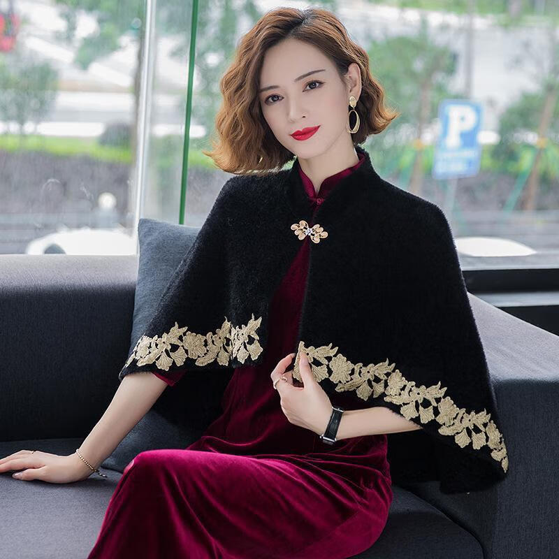 秋冬喜婆婆的旗袍披肩结婚礼新娘妈妈晚礼服搭配装外套喜婆婆婚宴斗篷披风乔箐 鹊黑 L高性价比高么？