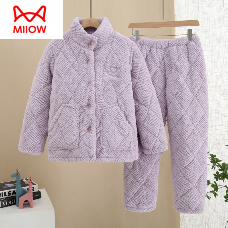 猫人(MiiOW)睡衣女秋冬季加厚加绒珊瑚绒夹棉三层保暖可外穿法兰绒家居服套装 一套过冬 杏仁黄纽扣 L 女适合80-105斤左右