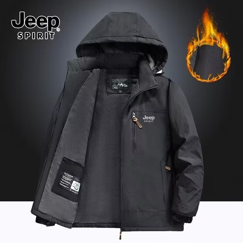 JEEP SPIRIT夹克冲锋衣冬季夹克大码休闲男士加绒加厚防风防水外套冲锋上衣 黑色 2XL(136-150)斤