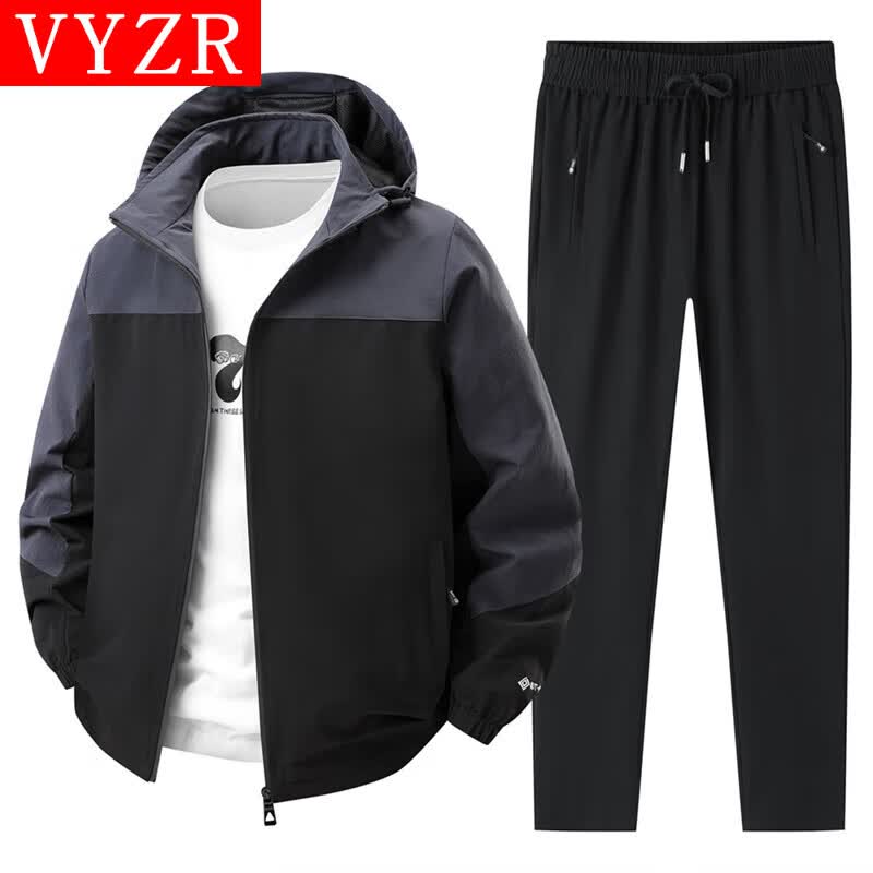 VYZR运动套装男士卫衣春秋季开衫连帽夹克外套健身跑步休闲裤男两件套 黑拼灰+黑裤 L
