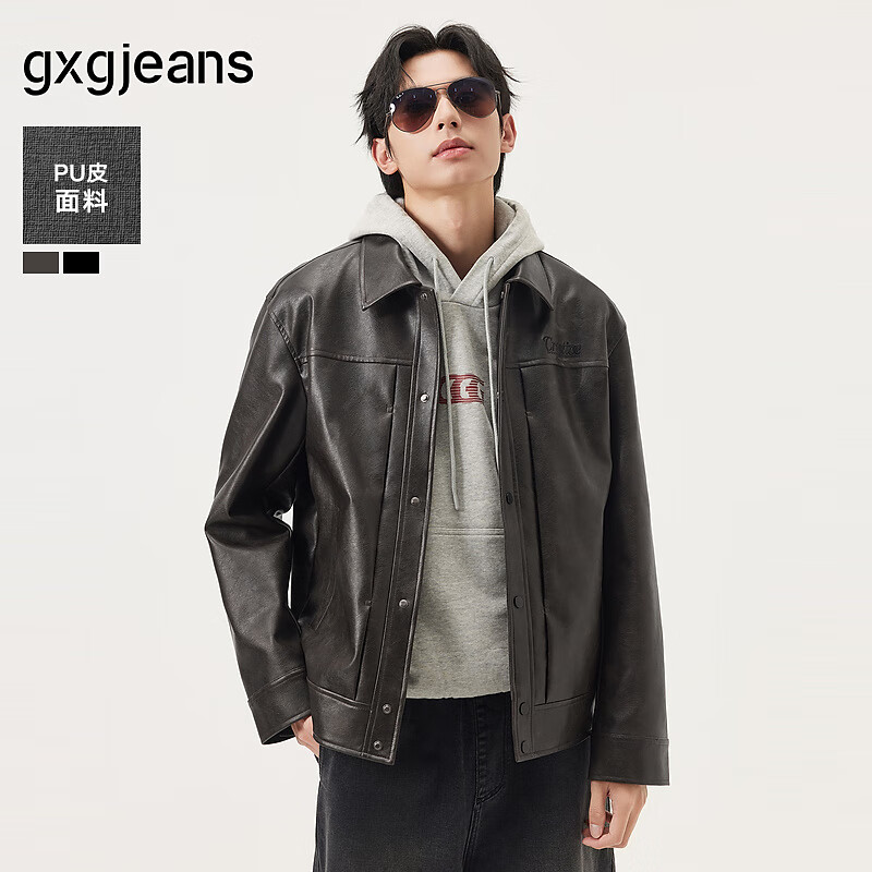 gxg.jeans男装* 双色复古pu皮美式简约夹克外套男生 25秋新品 深棕色 L (175)