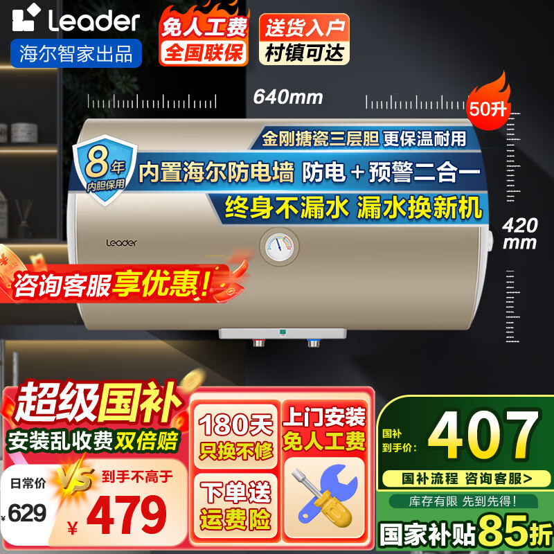 海尔（Haier）热水器国家补贴电热水器家用50升/60升/80升电热水器上门安装洗澡速热节能防电墙可选一级能效 50L 2200W 经济实惠款Leader