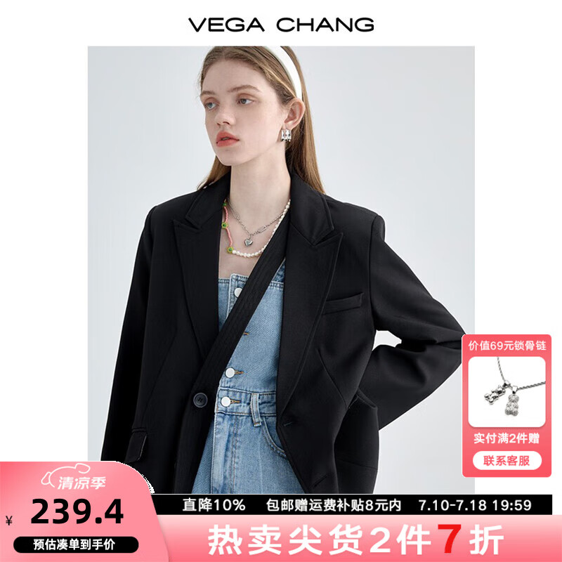 VEGA CHANG小西装女春秋2025新款纯色韩版高级感小众设计感女士西服西装外套 黑色 L