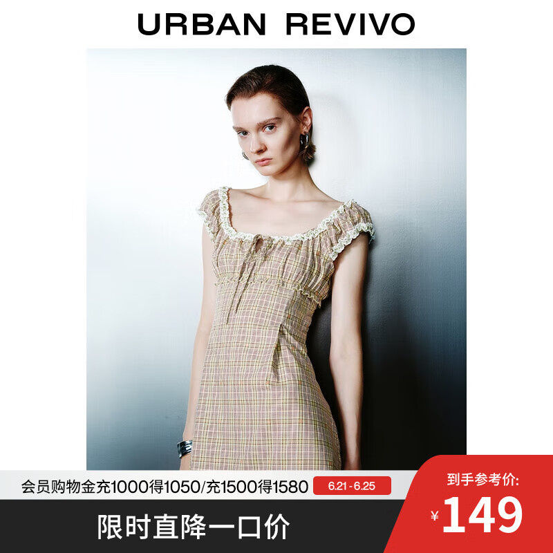 UR2025夏季新款女复古格纹拼接蕾丝花边系带连衣裙UYY750080 绿色格子 S