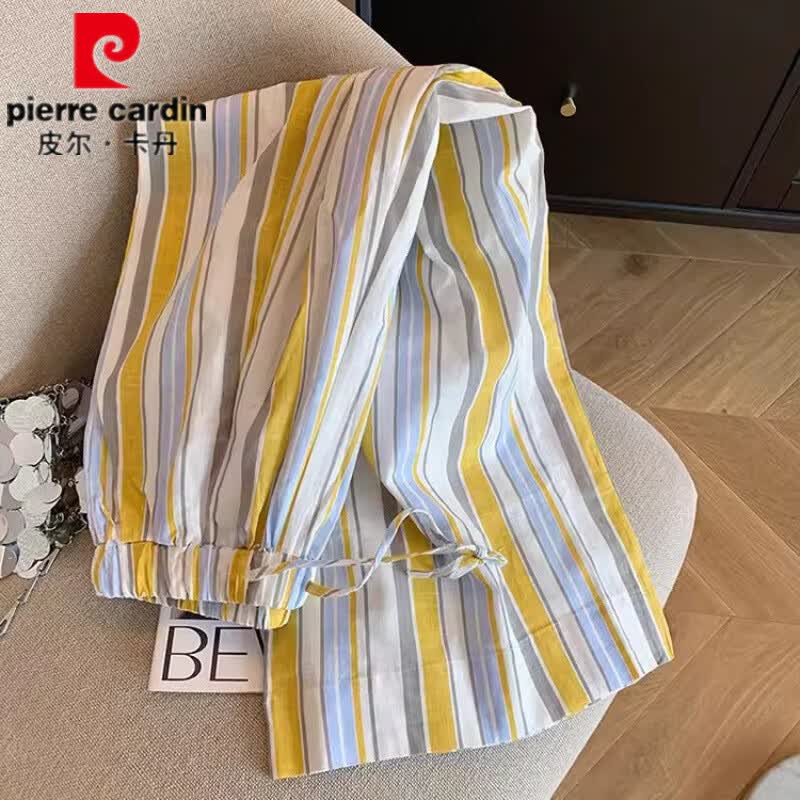 皮尔卡丹特大码80-300斤减龄撞色竖条纹松紧腰休闲裤夏季宽松显瘦阔腿裤 黄色 XL 110-130