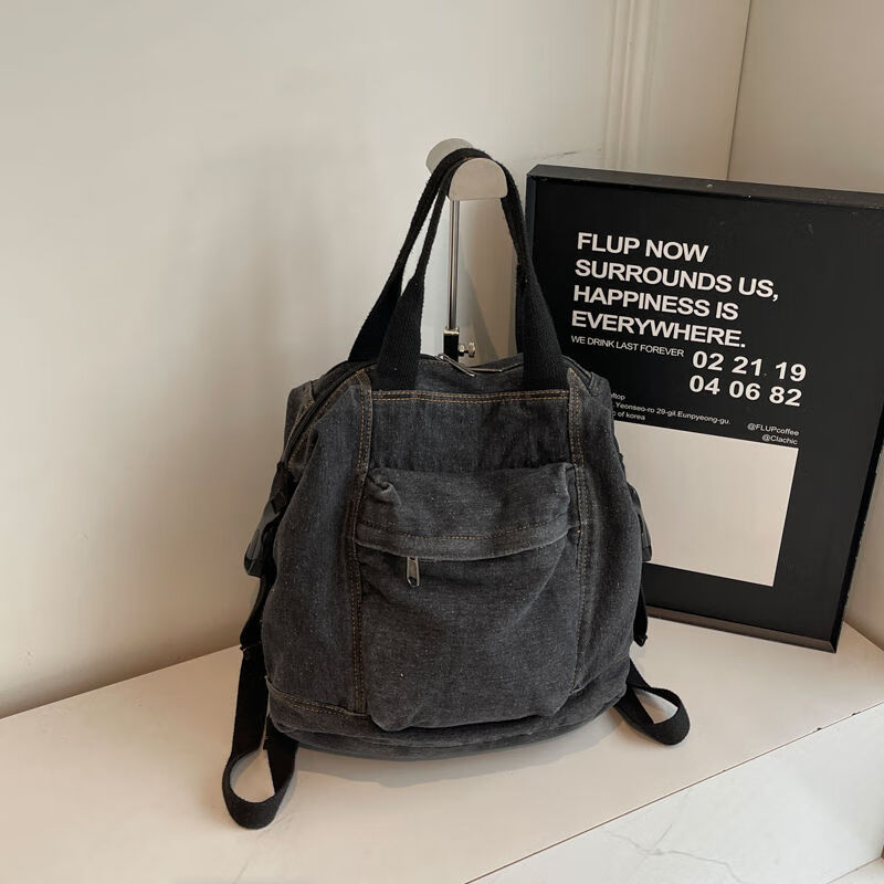 DRYWORLD水洗牛仔布双肩包新款韩版学生背包女神节运动复古书包女旅行包潮 黑色