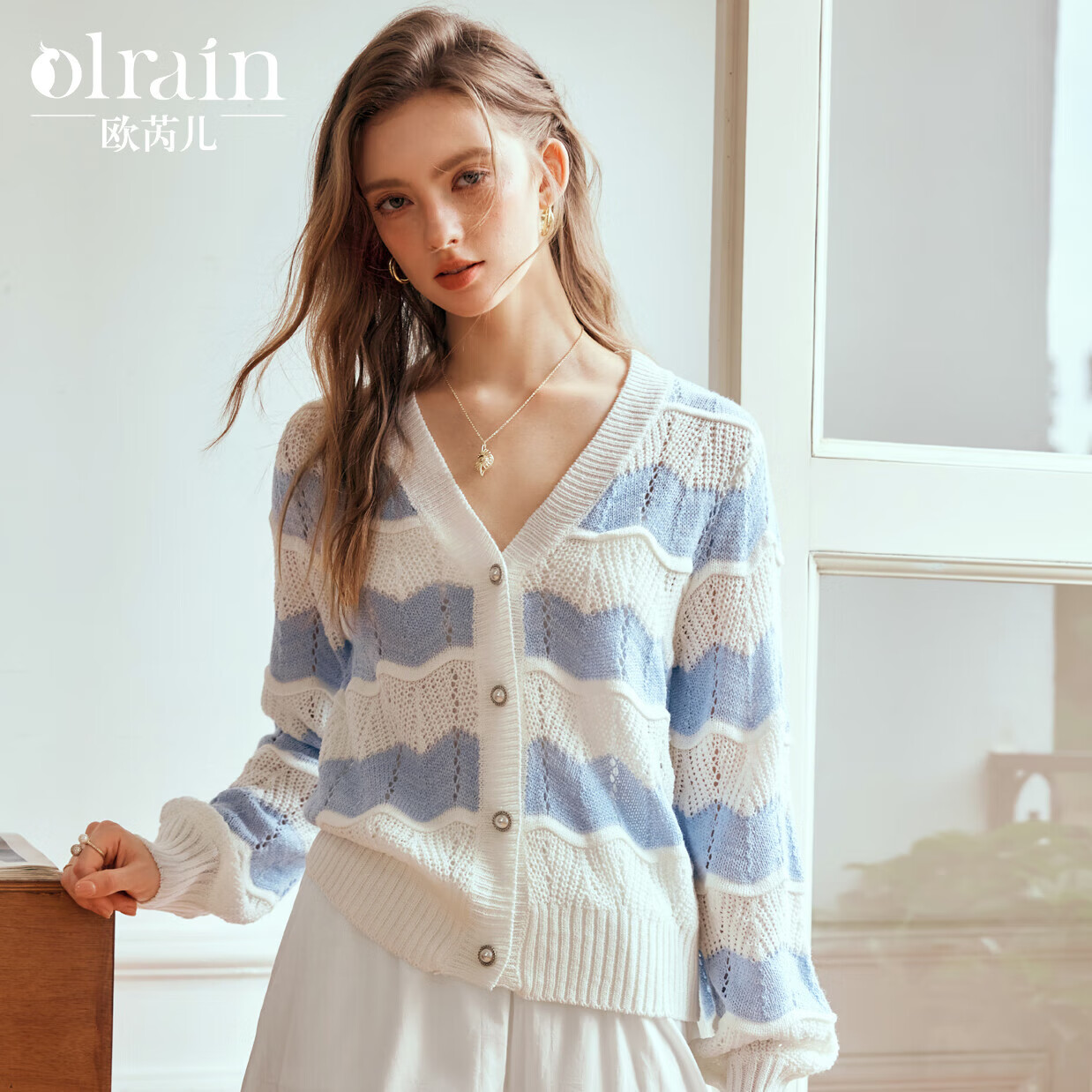 Olrain歐芮兒條紋毛衣女秋季女裝小香風(fēng)鏤空慵懶風(fēng)針織開衫 條紋 L