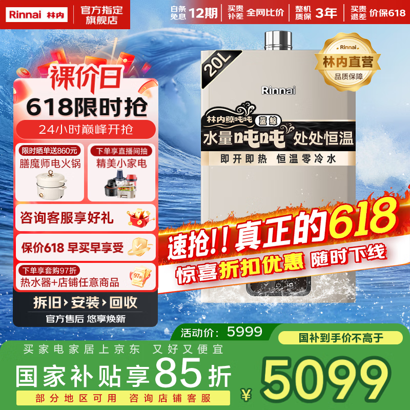 林内（Rinnai）【小蛮腰零冷水版】16/20/24升燃气热水器即开即热即恒温16GD61R（JSQ31-GD61R） 24L 【零冷水】酒店级瀑布洗