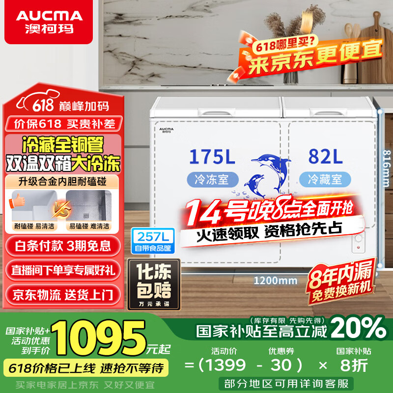 澳柯玛（AUCMA）257升家用冰柜 大冷冻小冷藏卧式双温冰柜 小型冰箱双温冷柜 一级能效 BCD-257CHN国家补贴