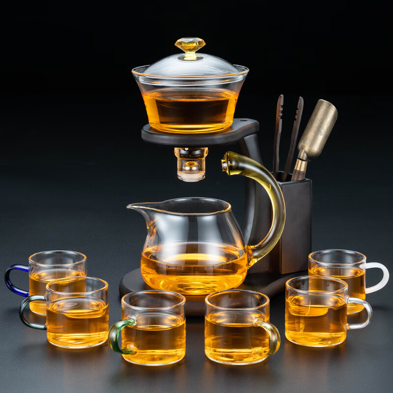 祥福祥福茶具套裝家用茶杯懶人玻璃自動(dòng)磁吸功夫茶壺泡茶神器耐 自動(dòng)(樓閣)+六色/把杯