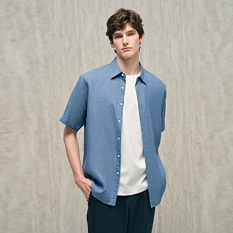 汉麻世家（HANP）汉麻翻领短袖衬衫 蓝采和 S