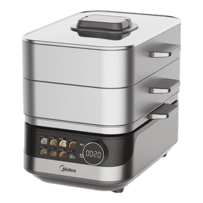 美的电蒸锅精钢304分体式可拆洗底锅 304不锈钢炖蒸煮一体3层多功能锅炫彩触控屏蒸魔方 电火锅 电煮锅 19L 专研环绕蒸2100W 三层加厚底锅