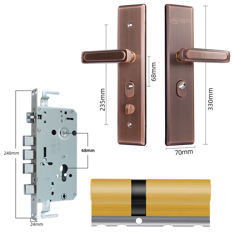 玥玛防盗门锁套装入户大门锁整套超C级锁芯不锈钢防盗门把手上门安装 红古铜套装上门安装