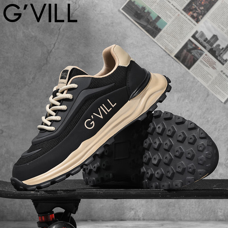 贵之步新款秋冬季舒适软底防滑缓震休闲鞋男款厚底增高运动鞋男鞋 黑杏 G003 42 （运动鞋码）