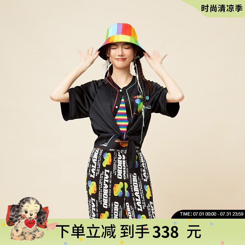 LALABOBO設(shè)計(jì)感夏季新款潮酷系帶五分袖t恤女寬松嘻哈襯衫短袖LBCB-WSWC12 黑色 M